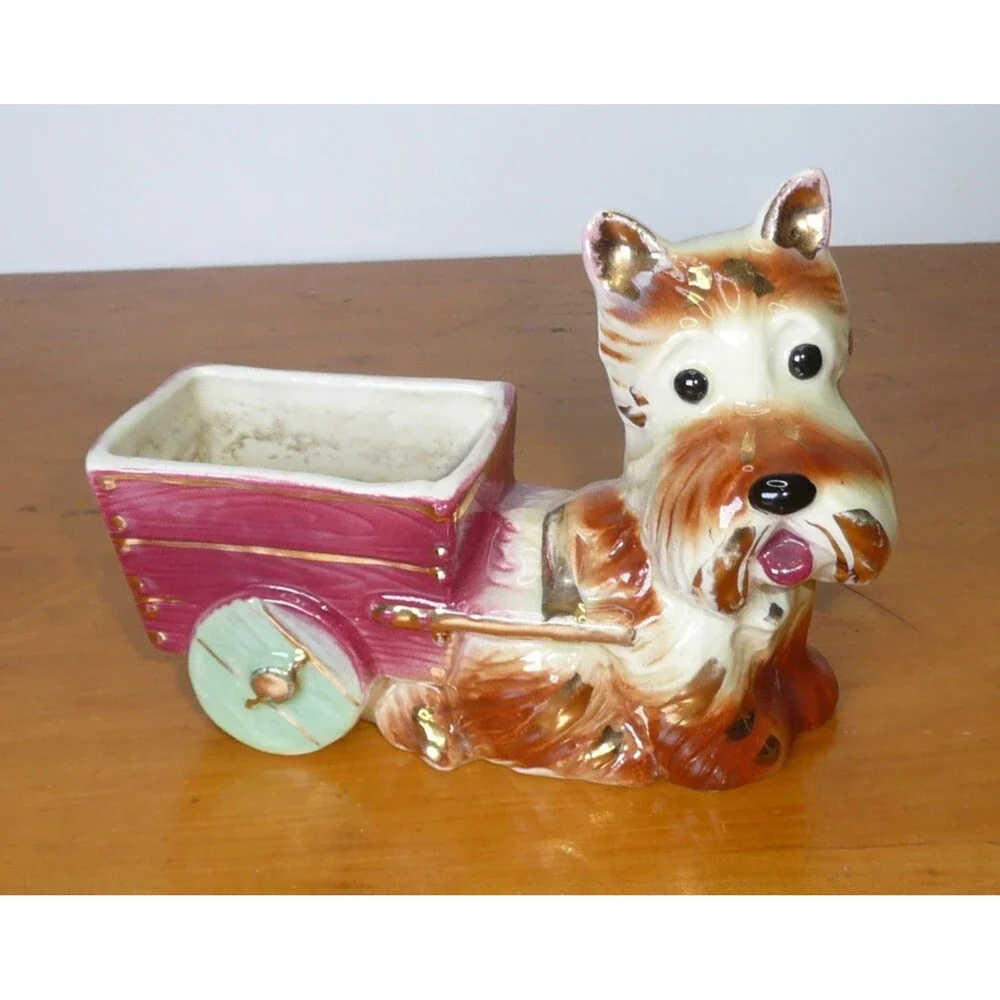 VTG MCM Scottie Terrier Dog Planter Vintage Royal Copley Wagon Cart Gold Trim